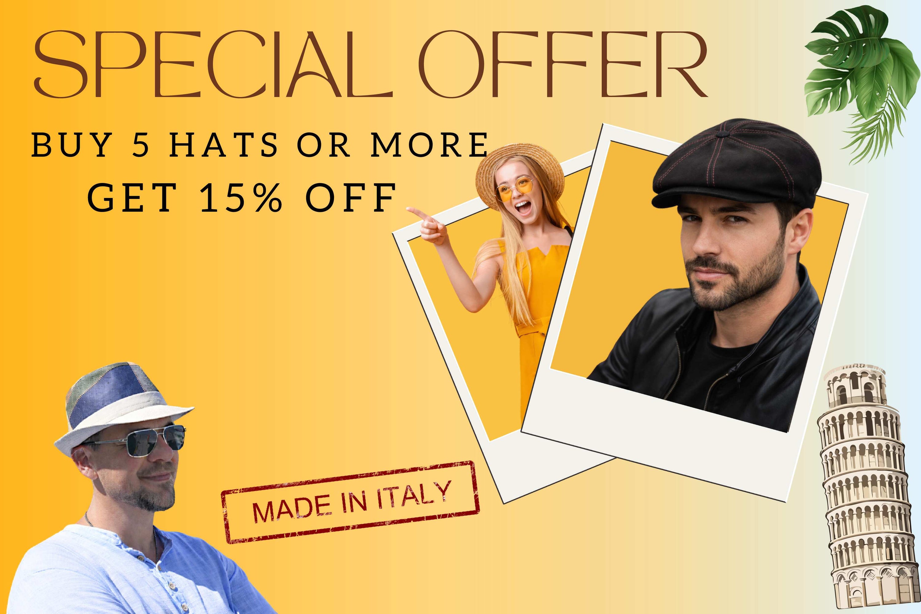 CAPPELLO FASHION Promotional banner for a hat store with text and images of people wearing hats.