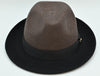 Front view of 1930's Style Two Tone Hat. Brown patterned crown with metal logo and black brim 