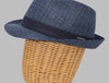 This image features a stylish Alpine fantasy hat on mannequin, made from a light, textured fabric with a blue band around the crown. It has a classic shape, with a slightly curved brim and a subtle logo on the side. The hat's neutral color and sophisticated design make it suitable for a variety of occasions.