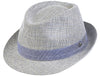 This image features a stylish Alpine fantasy hat made from a light, textured fabric with a blue band around the crown. It has a classic shape, with a slightly curved brim and a subtle logo on the side. The hat's neutral color and sophisticated design make it suitable for a variety of occasions.