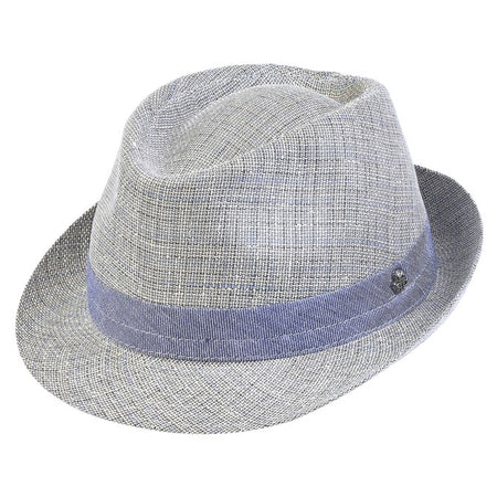 This image features a stylish Alpine fantasy hat made from a light, textured fabric with a blue band around the crown. It has a classic shape, with a slightly curved brim and a subtle logo on the side. The hat's neutral color and sophisticated design make it suitable for a variety of occasions.