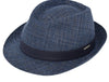 This image features a stylish Alpine fantasy hat made from a light, textured fabric with a blue band around the crown. It has a classic shape, with a slightly curved brim and a subtle logo on the side. The hat's neutral color and sophisticated design make it suitable for a variety of occasions.