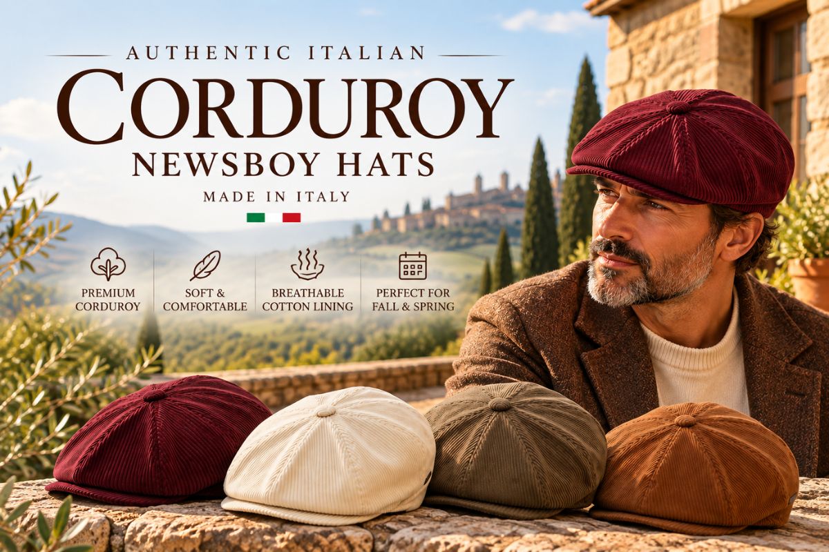 A man wearing a burgundy corduroy newsboy cap sits outdoors in front of a stone wall and Tuscan landscape, with four additional corduroy newsboy hats displayed in the foreground in burgundy, cream, rust, and brown. Large text at the top reads 'Authentic Italian Corduroy Newsboy Hats Made in Italy' with feature icons below.