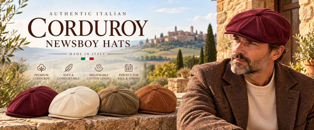 Promotional banner for Corduroy Newsboy Hats, featuring a man wearing a burgundy flat cap in an outdoor Tuscan setting, with other color options (burgundy, cream, rust, brown) displayed on a stone ledge in the foreground.