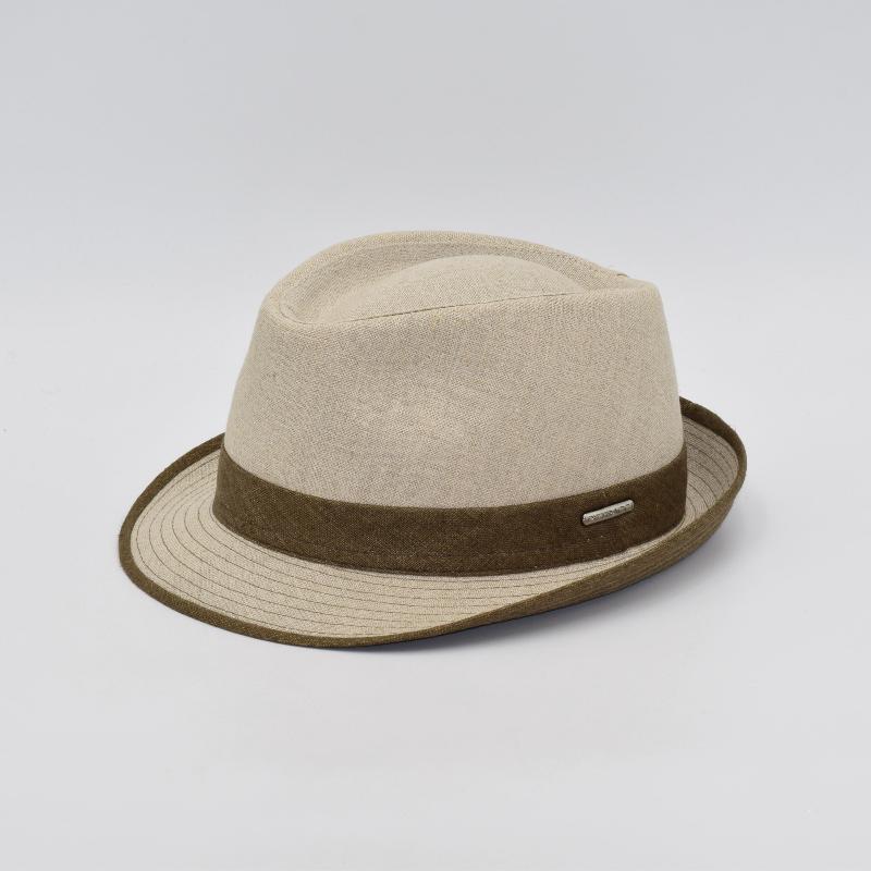 Beige alpine hat with a structured crown, featuring a brown band and a small metallic logo detail, offering a classic and earthy style