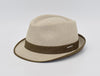 Beige alpine hat with a structured crown, featuring a brown band and a small metallic logo detail, offering a classic and earthy style