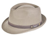 "Beige Alpine hat with a brown ribbon band featuring a subtle metallic pin detail, showcasing a classic and elegant design."