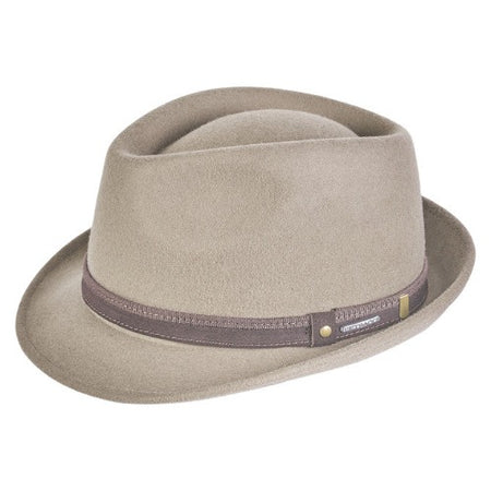 "Beige Alpine hat with a brown ribbon band featuring a subtle metallic pin detail, showcasing a classic and elegant design."