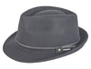 "Black Alpine hat with a black ribbon band featuring a subtle metallic pin detail, showcasing a classic and elegant design."