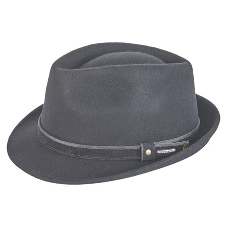 "Black Alpine hat with a black ribbon band featuring a subtle metallic pin detail, showcasing a classic and elegant design."