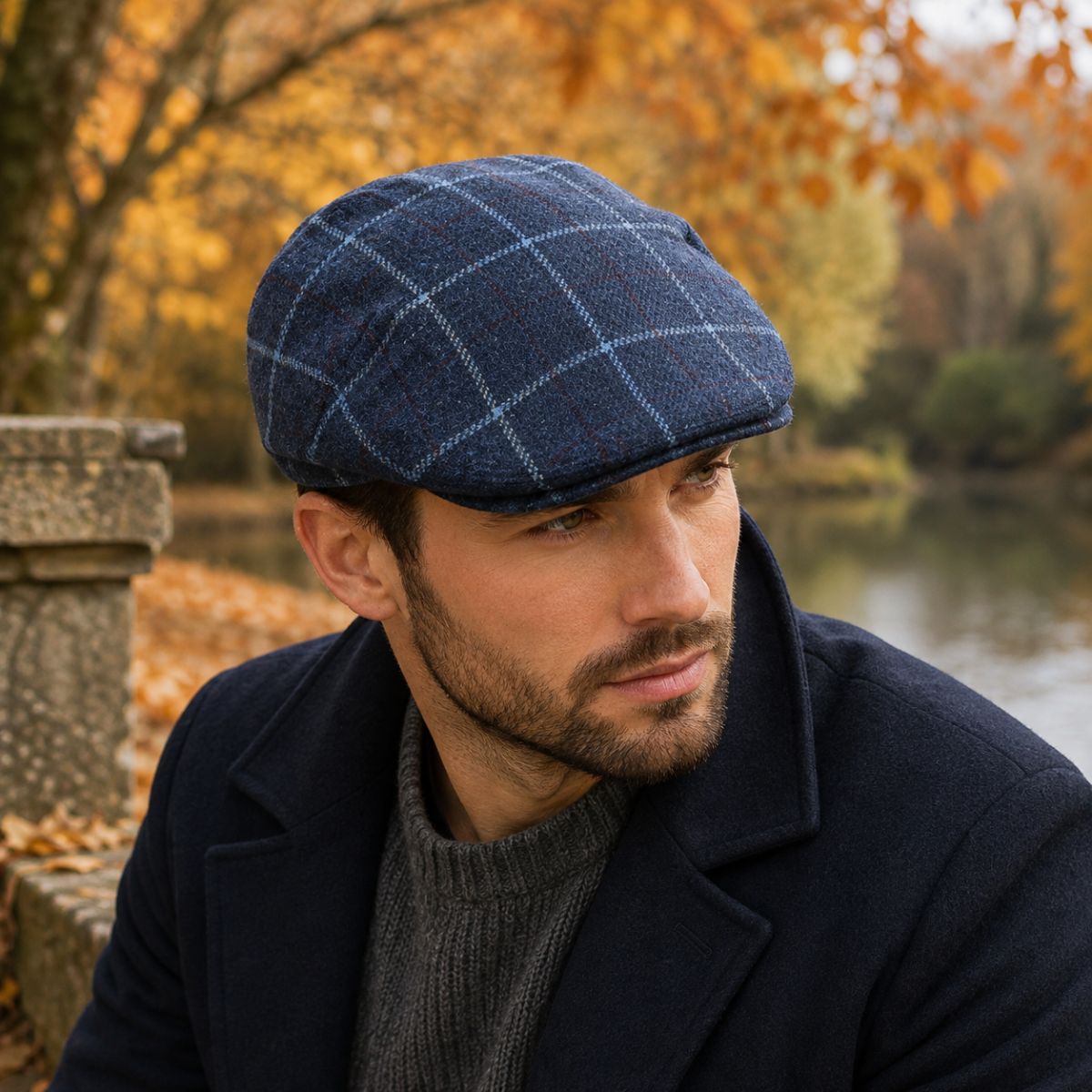 A man wearing a Blue Shetland Wool Fantasy Cap  with a light blue windowpane check pattern, a dark navy coat, and a gray knit sweater, set against an outdoor autumn background with trees and water.