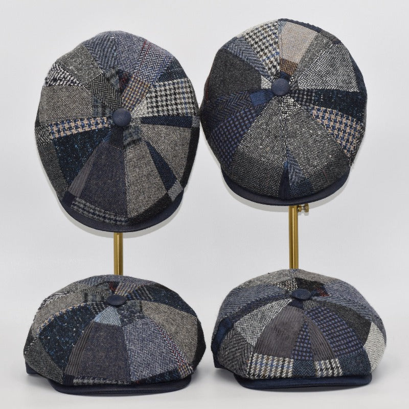 four blue newsboy hats top and front view