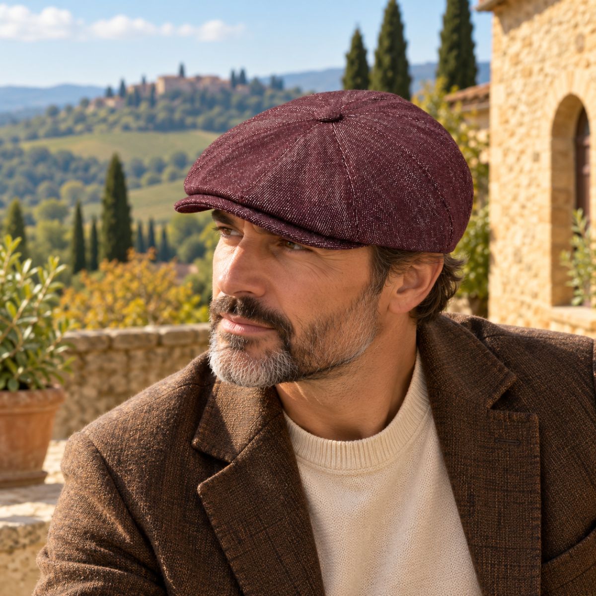 A man wearing a textured Bordo Alba newsboy hat and brown tweed jacket, photographed outdoors against a scenic Tuscan landscape background.