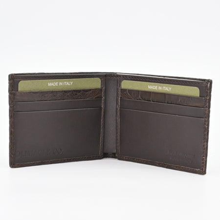 Inside view of brown Alligator leather wallet showing six credit card slots on white background