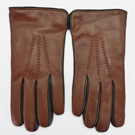 Pair of elegant brown leather gloves with decorative stitching and black accents along the sides of the fingers, offering a refined and stylish design