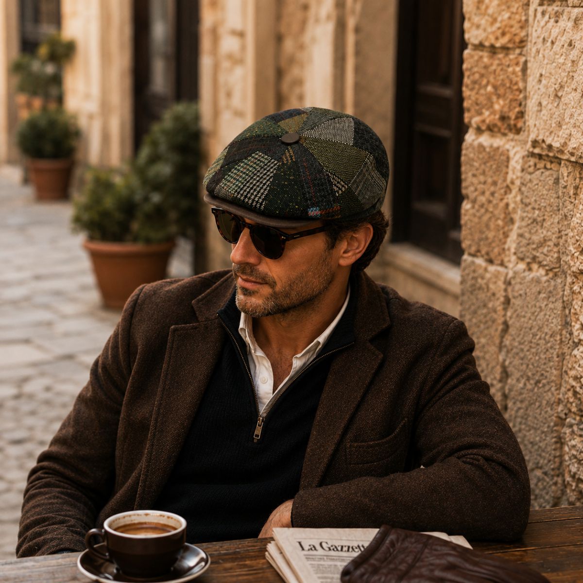 A man wearing a Brown Volterra Newsboy Patchwork Hat , sunglasses, a brown blazer, and a dark zip-up sweater sits at a table outdoors with a cup of coffee and a newspaper in a stone-walled cafe setting.