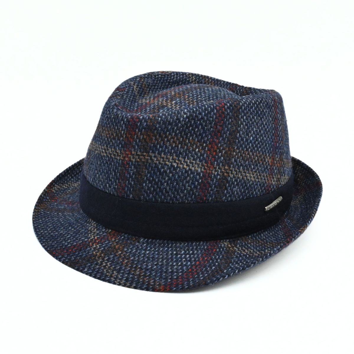 A navy plaid Bruno Wool Trilby Hat with a solid dark navy band, shown on a clean white background.