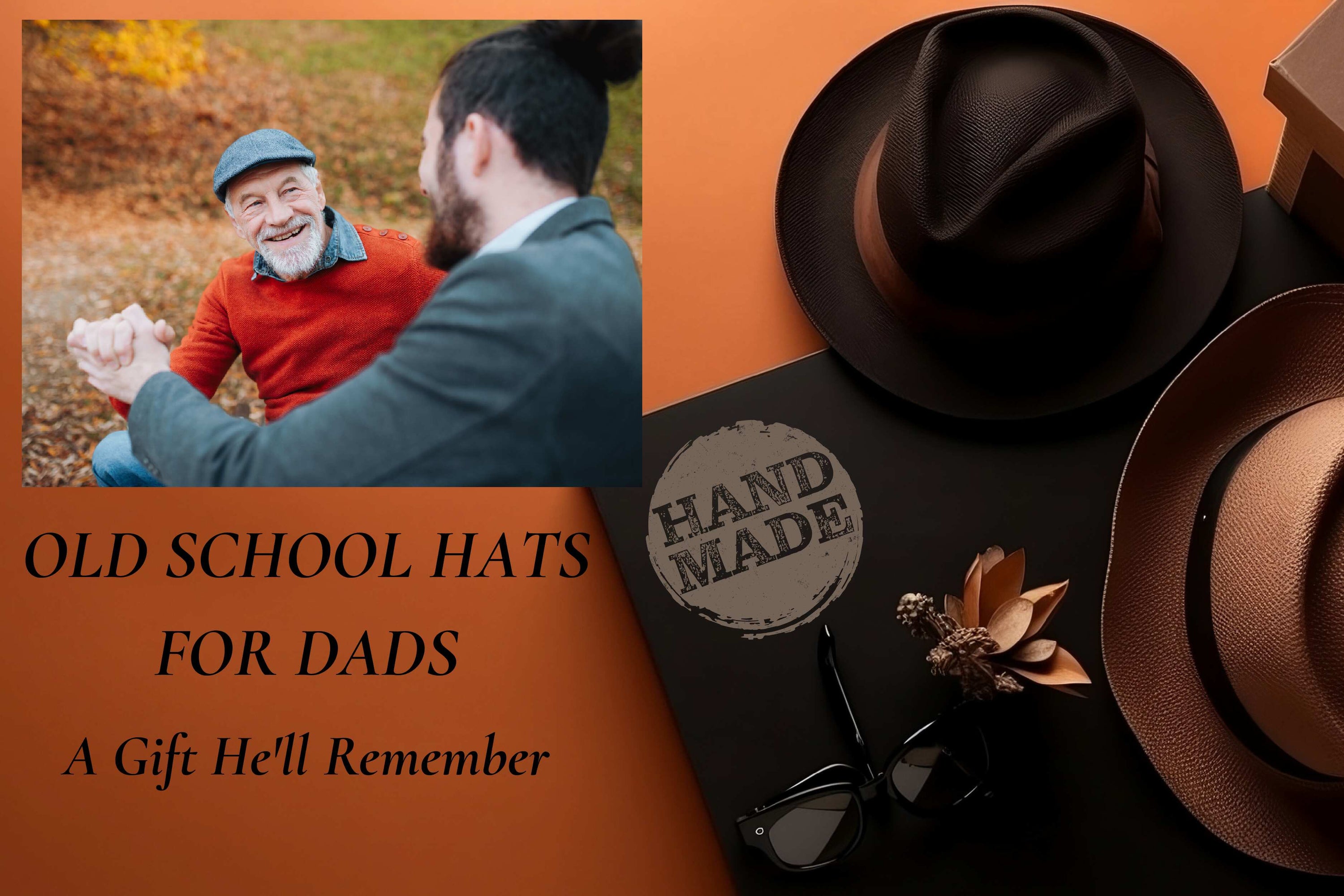 Father's Day banner featuring a father and son spending time together alongside handmade Italian hats, promoting timeless Father's Day gifts and Italian craftsmanship.