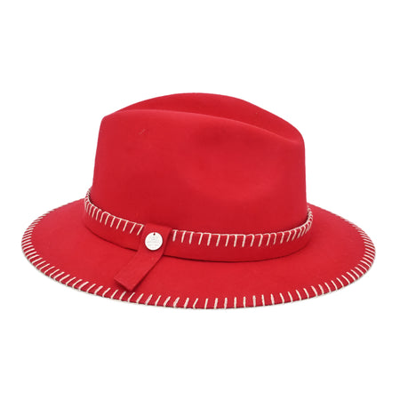 A bright red felt fedora hat with white decorative stitching along the brim and crown, featuring a red ribbon band with a small metallic button detail