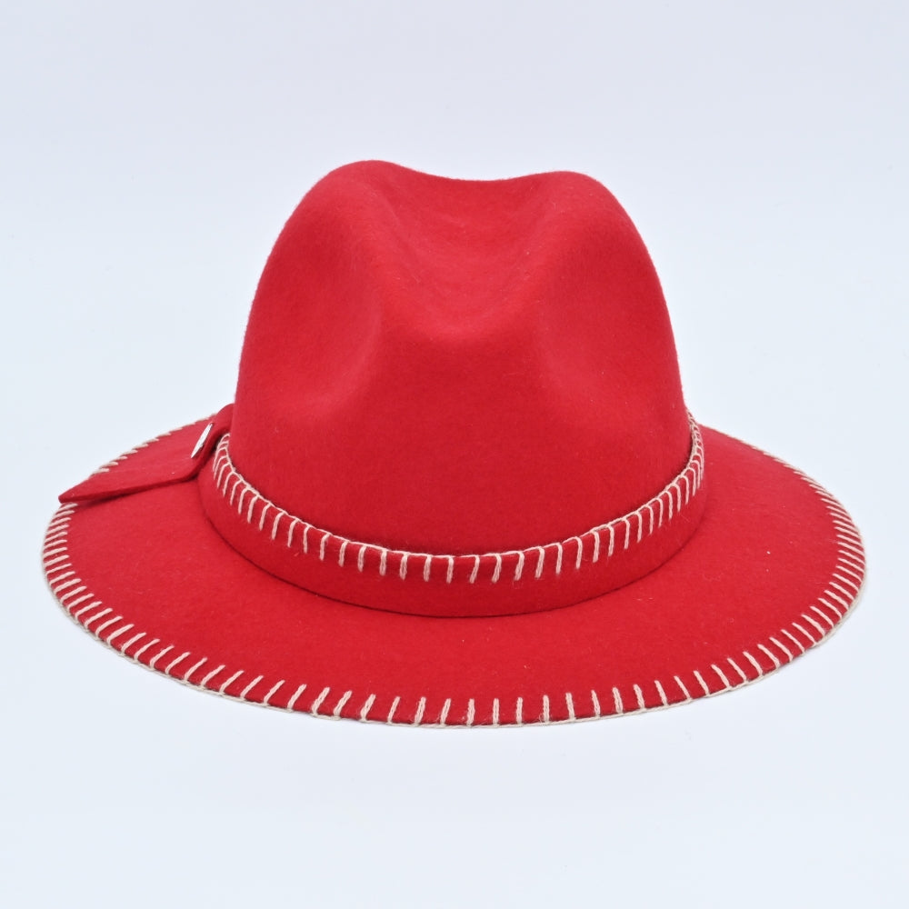 A bright red felt fedora hat with white decorative stitching along the brim and crown, featuring a red ribbon band with a small metallic button detail