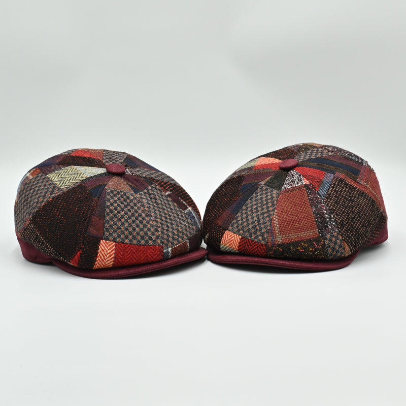 Front view of the two Bordo Chianti Patchwork Newsboy Hats with multicolor wool panels and faux leather visor