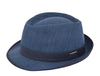 Blue denim alpine hat with a structured crown, navy ribbon band, and a small metallic logo detail, blending casual and elegant style