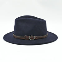 Side view of navy crushable Italian wool fedora with leather band