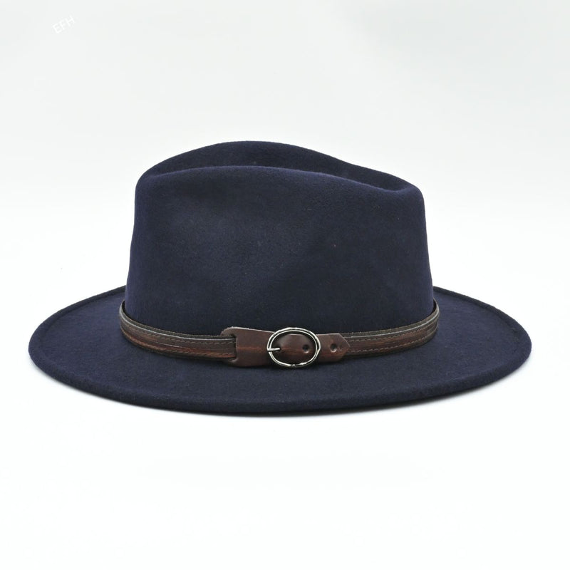 Side view of navy crushable Italian wool fedora with leather band