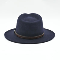 back angled view of navy Indiana Jones crushable wool fedora hat