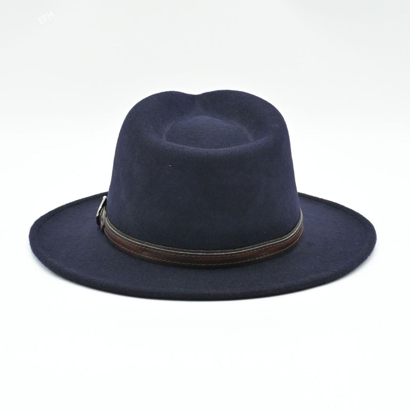 back angled view of navy Indiana Jones crushable wool fedora hat