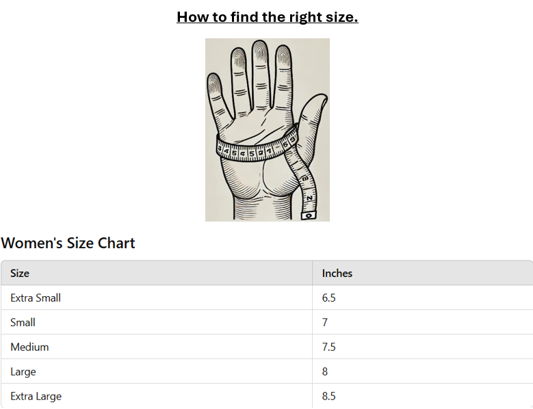  Diagram showing a hand with a measuring tape around the palm for glove sizing, accompanied by a women's size chart listing Extra Small (6.5 inches) to Extra Large (8.5 inches).