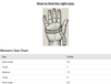  Diagram showing a hand with a measuring tape around the palm for glove sizing, accompanied by a women's size chart listing Extra Small (6.5 inches) to Extra Large (8.5 inches).