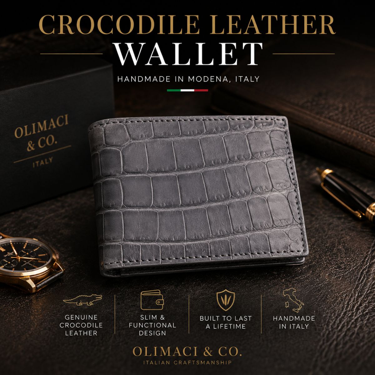 Gray Crocodile Leather Wallet on the table 