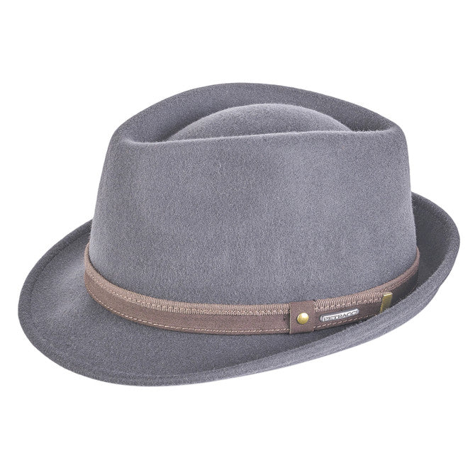 "Grey Alpine Hat with a brown ribbon band featuring a subtle metallic pin detail, showcasing a classic and elegant design."