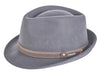 "Grey Alpine Hat with a brown ribbon band featuring a subtle metallic pin detail, showcasing a classic and elegant design."