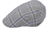 A grey flat cap with a classic blue plaid pattern, showcasing a side profile view and a subtle metallic logo accent on the side.