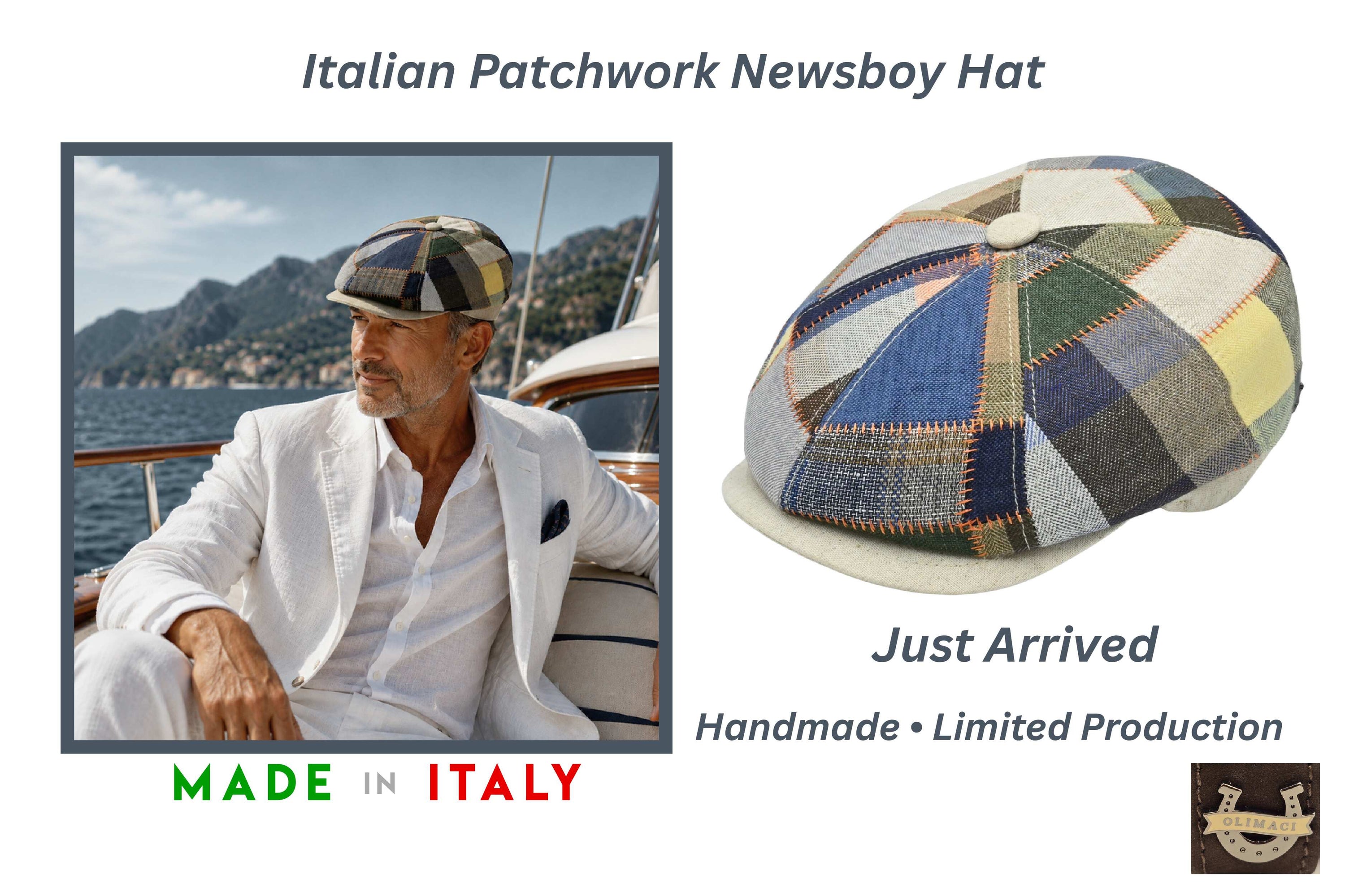 Italian Patchwork Newsboy Hat handmade in Italy, premium men's patchwork flat cap inspired by classic Italian craftsmanship and coastal style.