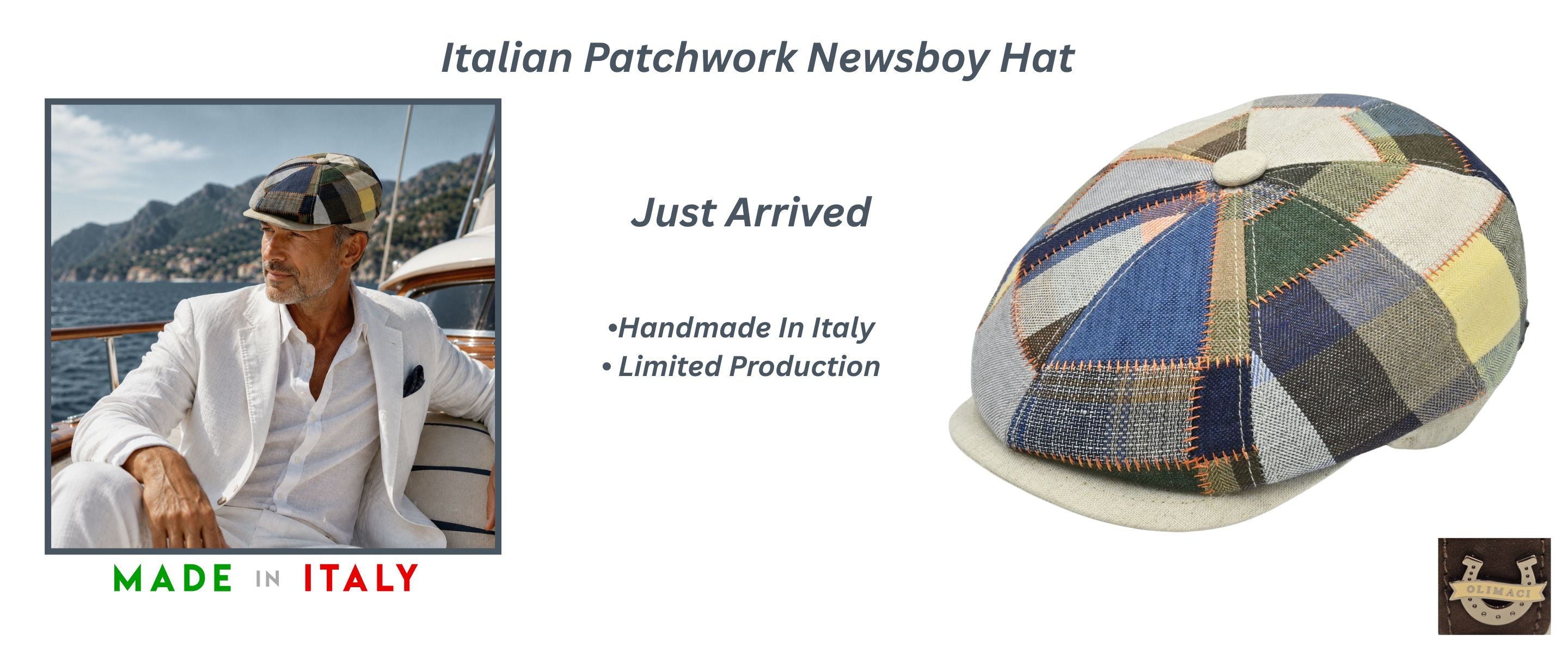 Italian Patchwork Newsboy Hat handmade in Italy, premium men's patchwork flat cap inspired by classic Italian craftsmanship and coastal style.
