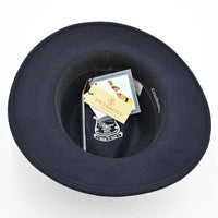 Interior view of navy Italian crushable wool fedora showing tags and sweatband