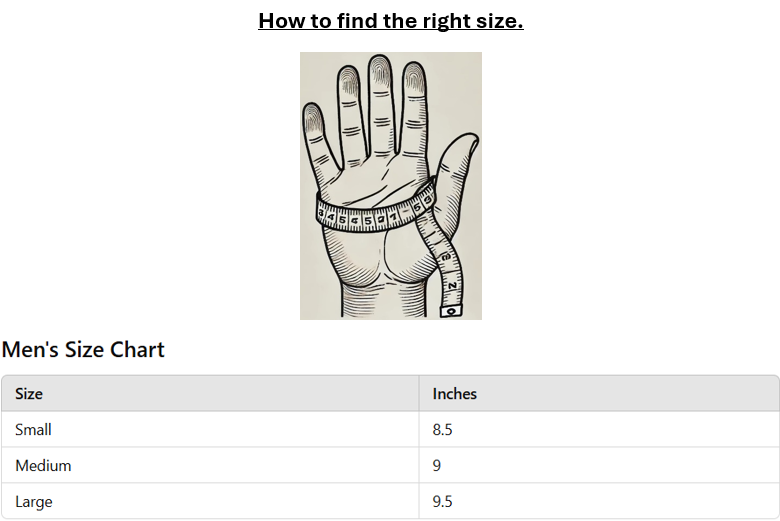 A guide on how to find the right glove size featuring an illustration of a hand with a measuring tape around the palm. Below, a men's size chart lists sizes: Small (8.5 inches), Medium (9 inches), and Large (9.5 inches).