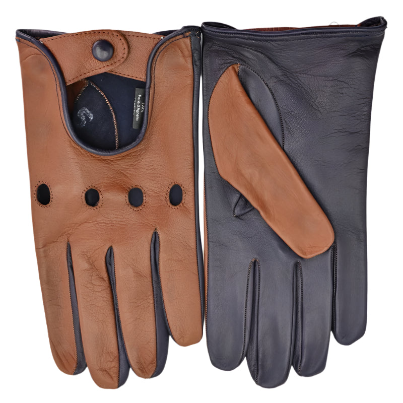brown blue Men's Premium Leather Driving Gloves on white background