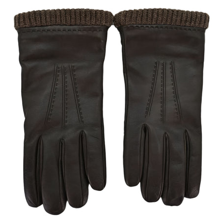 Pair of brown leather gloves with wool cuffs, featuring decorative stitching on the back for an elegant and warm design