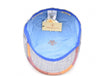  Interior view of a multicolored patchwork flat cap, featuring a light blue lining with an embroidered crown logo in orange. A beige tag with the brand name "Petracci" and "Made in Italy" hangs inside, accompanied by additional labels and a QR code. The cap's edges show hints of its vibrant outer patchwork design.