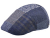 Side profile of a blue patchwork flat cap made of various textured fabrics, including herringbone, plaid, and tweed patterns. The cap features intricate stitching and a sleek, tailored design.