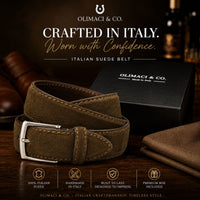 OLIMACI & CO. Brown Suede Belt on the table with storage box and shoes in background