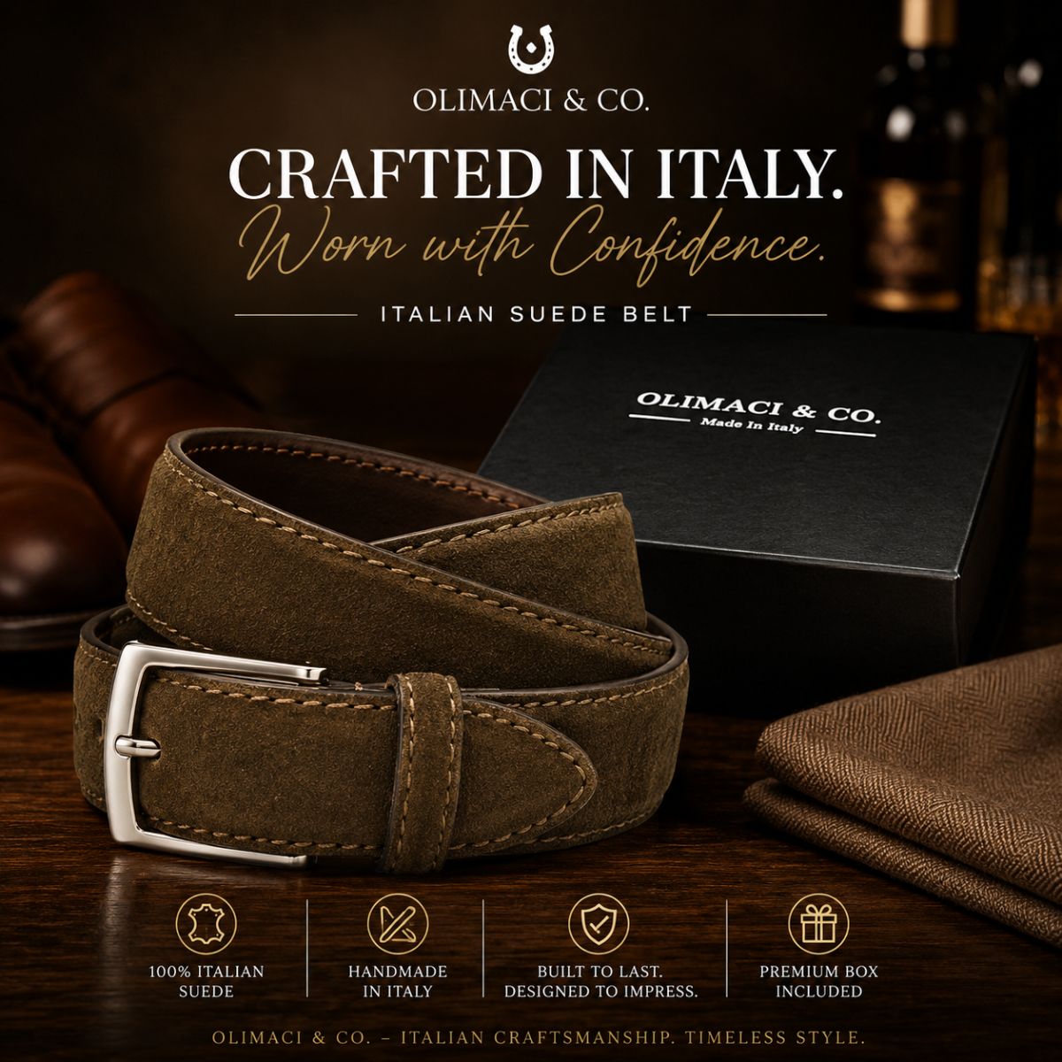 OLIMACI & CO. Brown Suede Belt on the table with storage box and shoes in background
