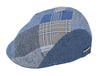 A stylish patchwork flat cap made from various shades and patterns of blue denim fabric, featuring a mix of solid, checkered, and plaid designs. The cap has a curved brim and a sleek, modern profile, with a small metallic logo detail on the side.