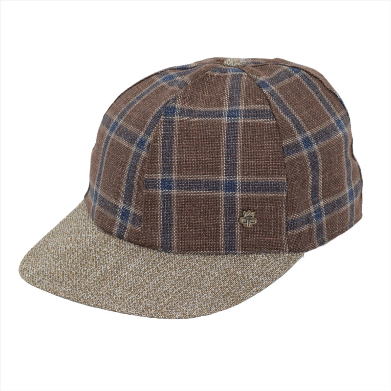 Brown plaid baseball cap with blue and beige checkered patterns, featuring a textured beige brim and a small metallic logo detail on the side