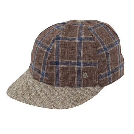 Brown plaid baseball cap with blue and beige checkered patterns, featuring a textured beige brim and a small metallic logo detail on the side