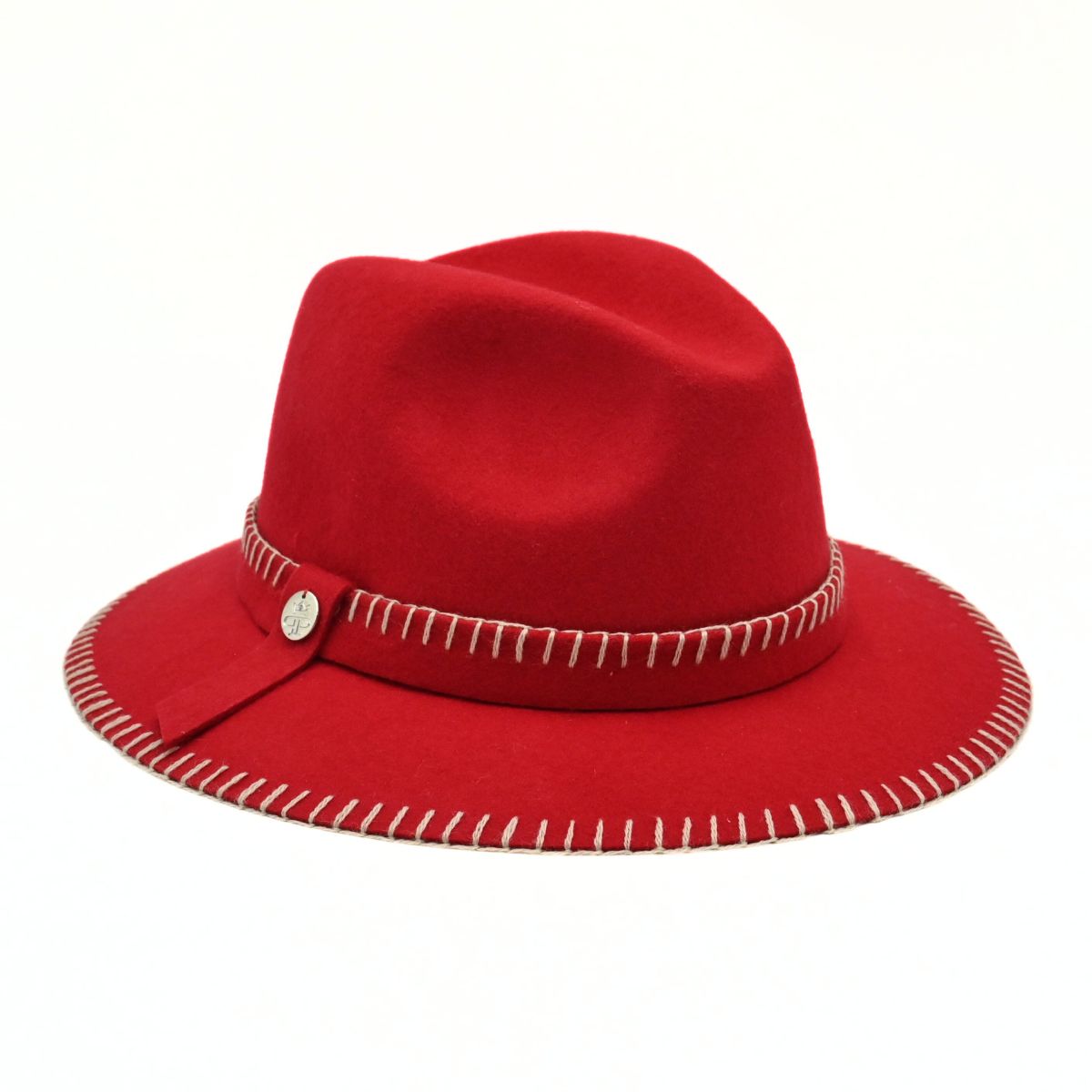 Women's Red Wool Hat With Blanket Stitching on white background